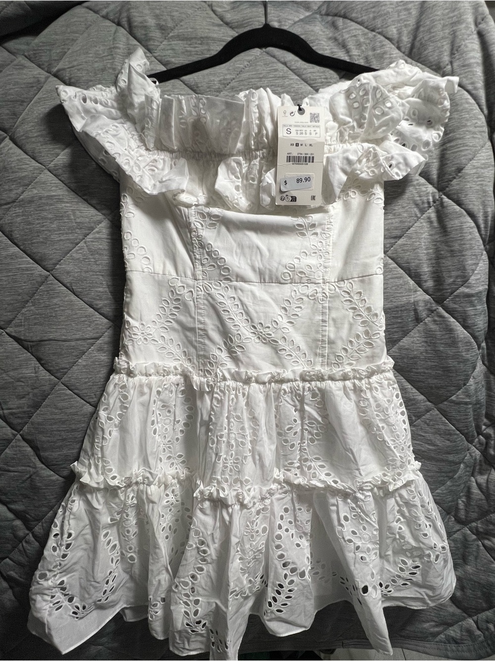 Zara White Eyelet Off-Shoulder Smocked Mini Dress